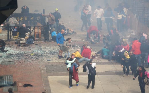 The scene of the Boston Marathon Bombing, April 15, 2013, just minutes after the explosion