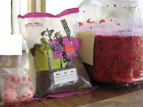 Red yeast rice wine, farthest right, in China.