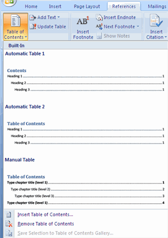 Table of contents menu