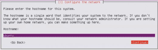 Enter the hostname, the default "ubuntu" should be fine, select "Continue" and it "Enter"