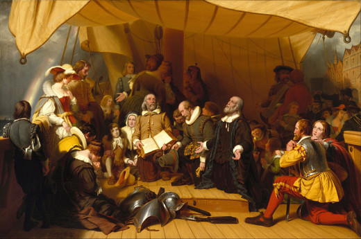 "The Embarkation of the Pilgrims" (1857) by the American painter Robert Walter Weir at the Brooklyn Museum in New York City