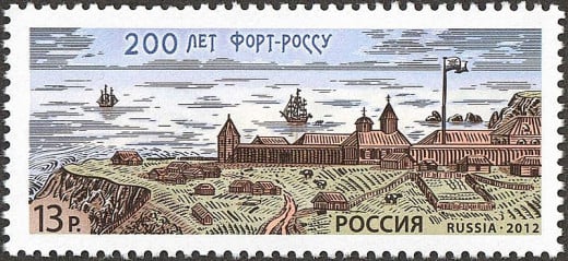 "200 Years of Fort Ross" -- A commemorative stamp of Russia, 13.00 rubles, 11 September 2012. Fort Ross, California.