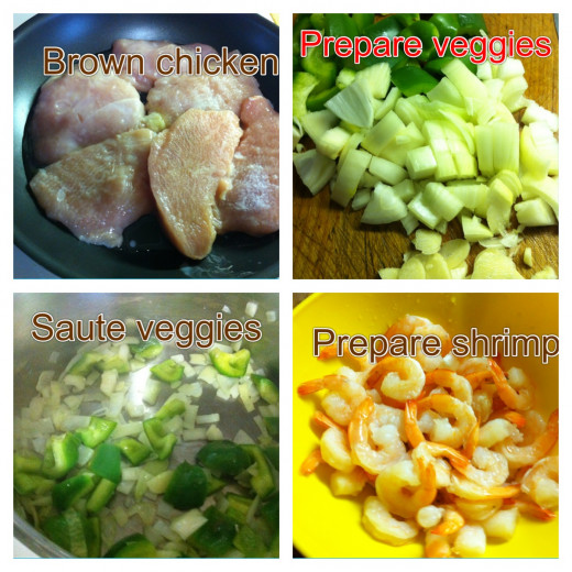 Cook chicken breasts, prepare veggies, sauté veggies, and prepare shrimp