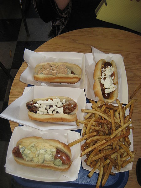 Differnt types of hot dogs served at Hot Doug's. 