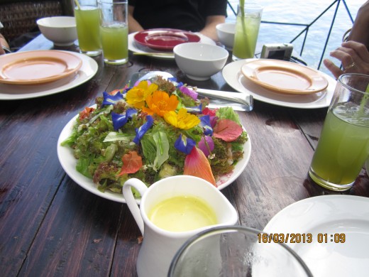 Edible flowers in the salad was the first dish of a lovely lauriat at the Honey Bee Farm in Bohol.