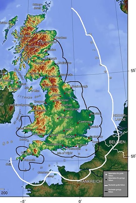 White line - range limit of British high-altitude radar; Black line - range limit of British low-altitude radar