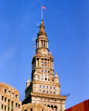 The Terminal Tower in Cleveland caps off a massive mixed-use development anchored by a transit station.
