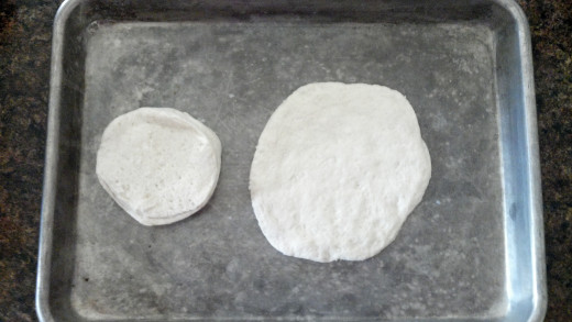 Biscuit out of the package (L), Biscuit after being pressed flattened out (R)