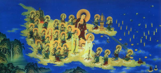 Drawing of Amitabha accompanied by Various Saints to fetch the deceased to the Pureland