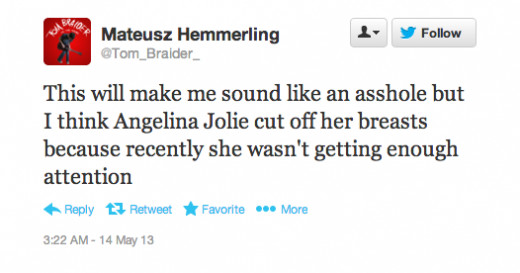 A Twitter user expresses his opinion as to why Angelina underwent the surgery. 