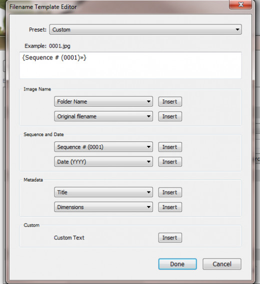 Choosing a custom renaming function for a timelapse in Lightroom.