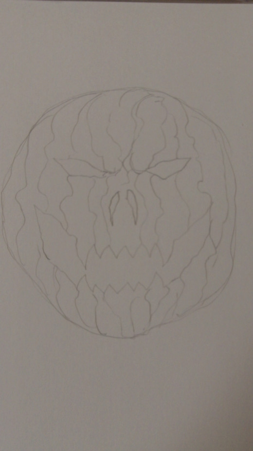 Draw in lots of random uneven vertical lines on the Pumpkin and add frown lines near the eyes