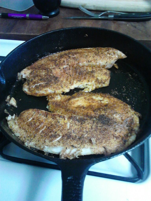 This is what you want your Tilapia to look like after you cook it for 3 to 4 minutes in your skillet. Turn and cook an additional 1 - 2 minutes until it is white and flaky. 