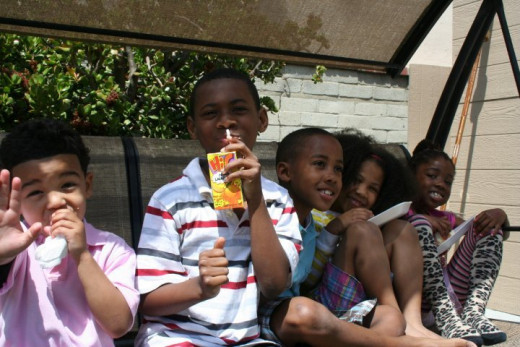 My oldest son, Bryce (holding juicebox) and company. L to R: Cash, Bryce, Isaiah, Sadie, Ndey