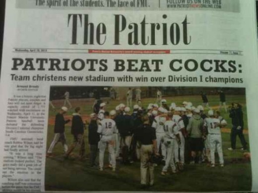 Press Release Headline Blooper.  South Carolina's Francis Marion University student newspaper published this headline in April, 2012, touting its victory over baseball rivals South Carolina Gamecocks.
