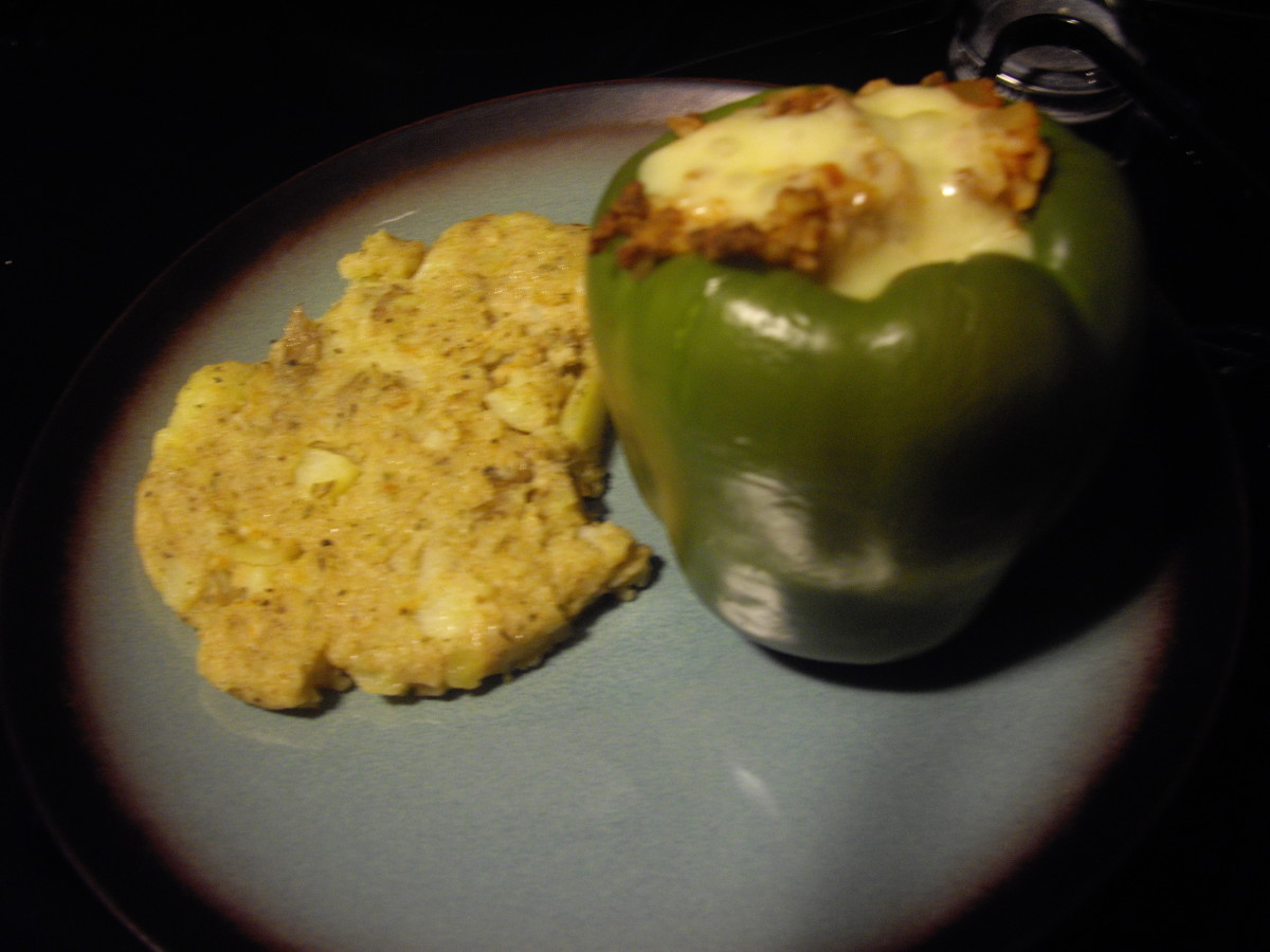 Indian Chef's "Tandoori Bell Pepper", stuffed whole instead of cut in half (right), shown with my "Irish Potato Patty" (left)