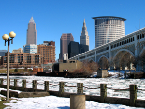 The downtown core of Cleveland, seen from across the ice-clogged Cuyahoga River.