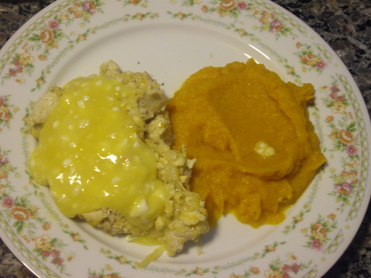 Indian Chef's "Crispy Cheddar Chicken", with some prepared butternut squash beside it