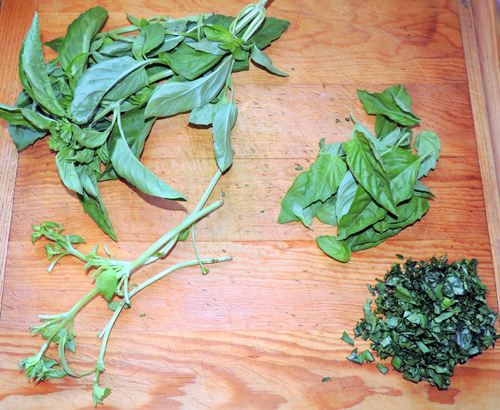left to right, top to bottom, basil prep. set aside for later