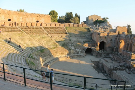 Taormina Sicily, ancient amphitheatre in the fortified city guarding the Strait of Messina.