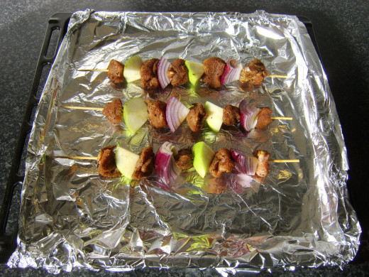 Spicy pork shish kebabs ready for grilling