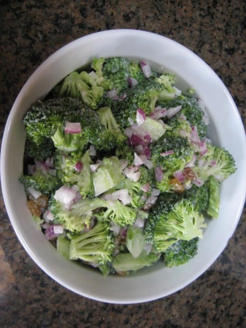 Broccoli and golden raisin salad provides much nutrition.