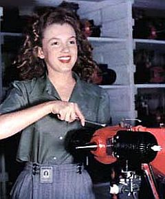 Norma Jean Dougherty was one of our iconic Rosie The RIveter women before she became Marilyn Monroe the glamorous movie star. Here is a photo of her working in a metal factory.