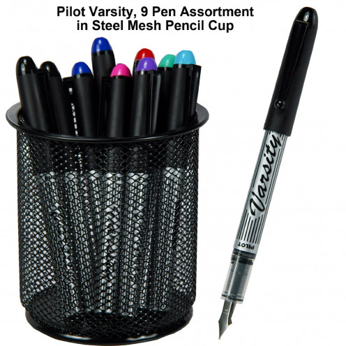 Pilot Varsity Disposable Fountain Pens, 9 Pen Assortment in Mesh Pencil Cup