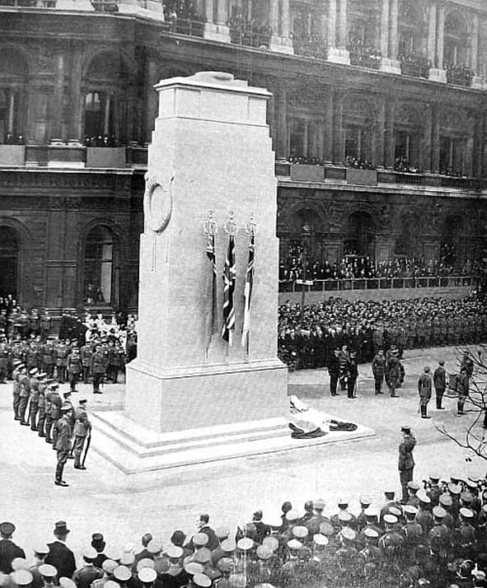 1920 Unveiling of the Whitehall Cenotaph in London, a national memorial to those who died in the Great War.