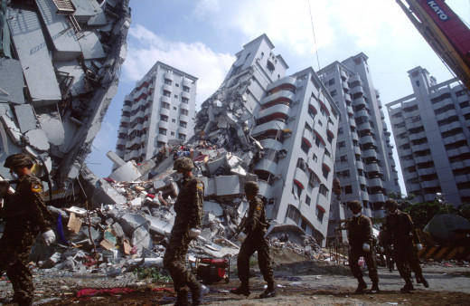 Severe earthquakes cause liquefaction of most soils and this results in tilting of buildings that may otherwise stay reasonably intact.