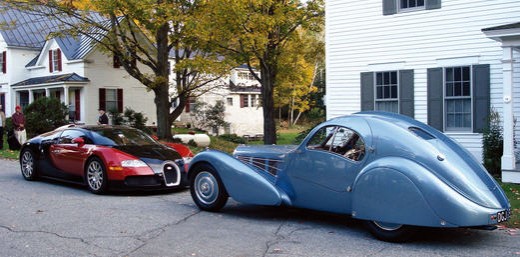 New (left) and old (right) Bugatti cars.