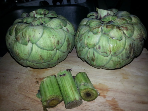 After a thorough cleaning, cut off the stems to cook along with the artichokes.