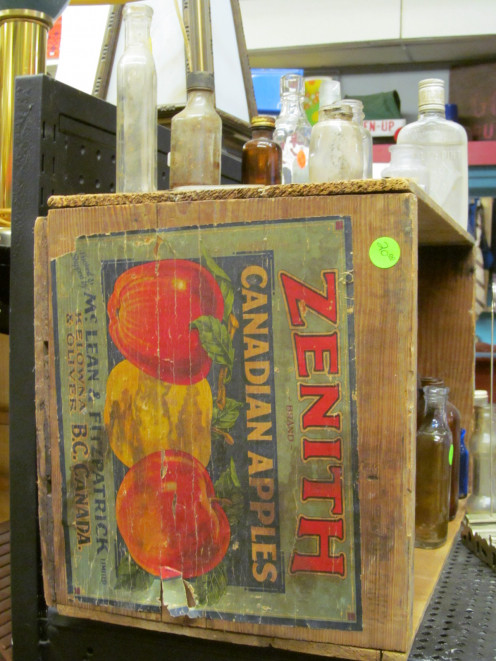 medicine bottles and an old Zenith Apple box