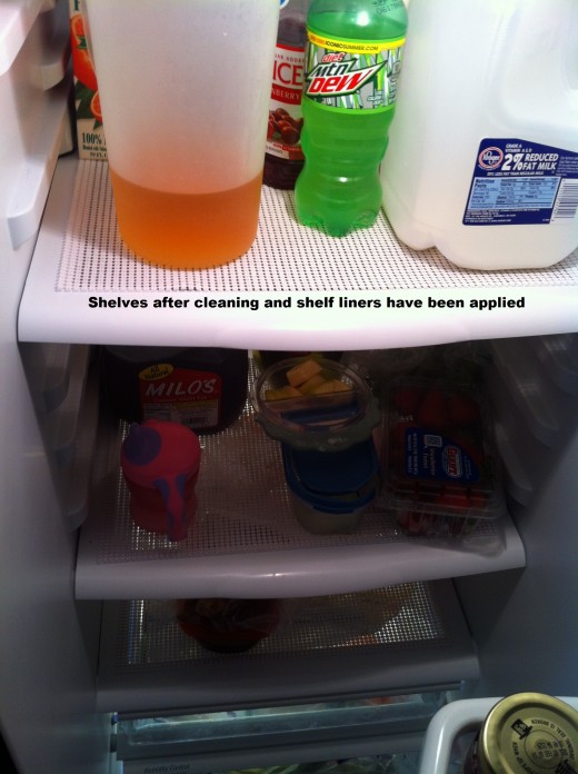 Close-up of inside of cleaned fridge with shelf liners
