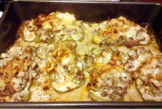 Mushroom Swiss Stuffed Peppers bubbly from the oven
