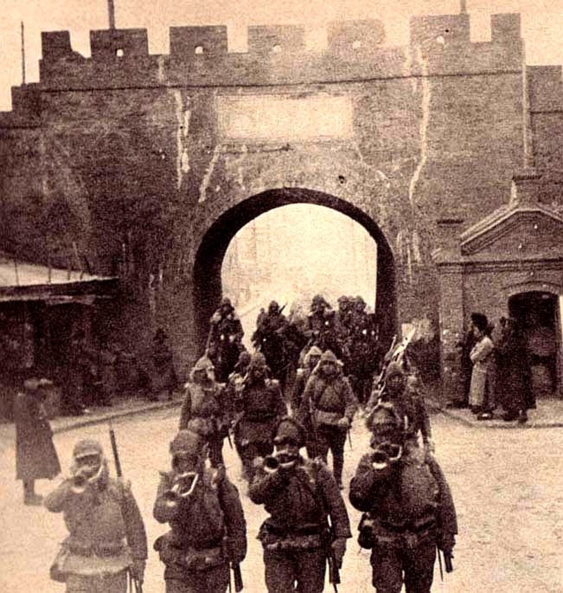 Japanese soldiers invade Manchuria.