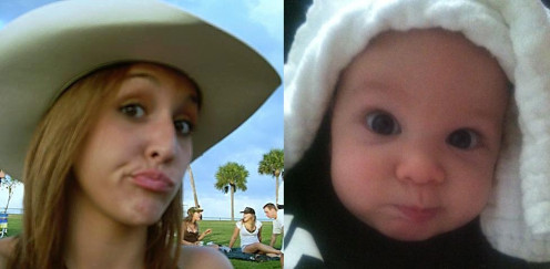 It appears that this three month old baby likes to make the same "Duck Face" as his Mommy does!  Notice how his face mirrors her face.