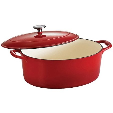 This Oval, 7 quart size from Tramontina is popular for roasting cuts of meat and making large casseroles. Note the self basting ridges on the lid.