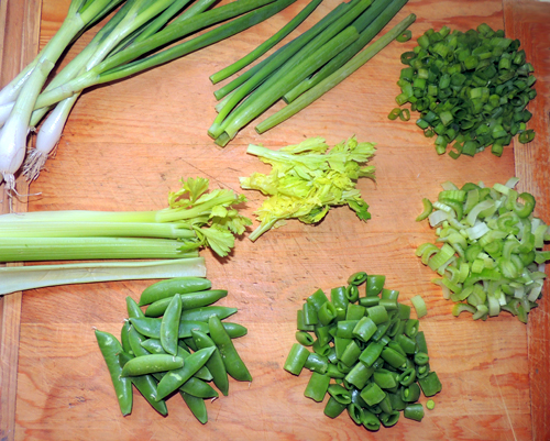 left to right, top to bottom: scallions, celery & snap pea prep