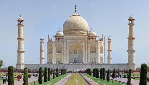 The Taj Mahal is a white marble mausoleum located in Agra, Uttar Pradesh, India. It was built by Mughal emperor Shah Jahan in memory of his third wife, Mumtaz Mahal. 