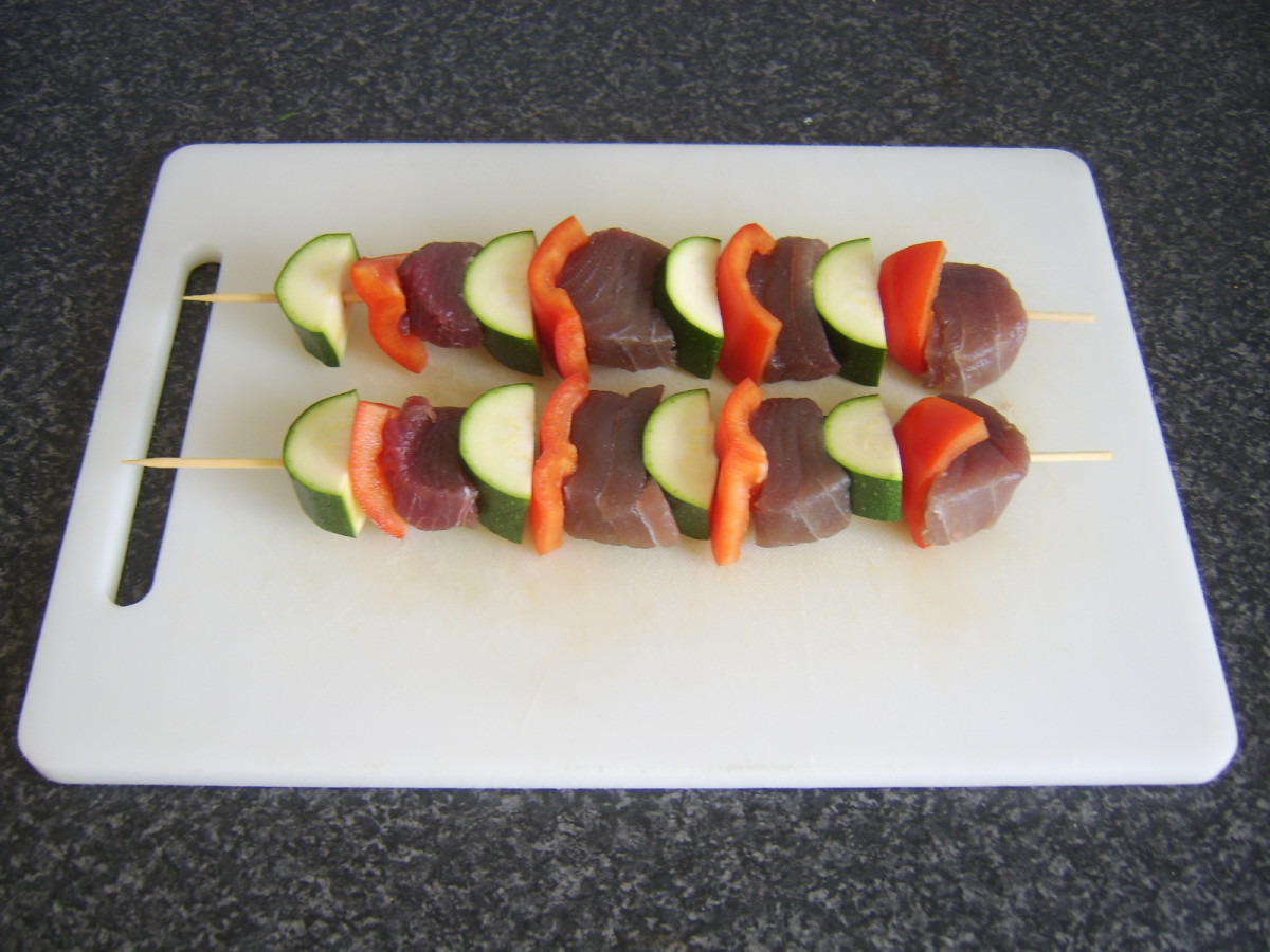 Assembled tuna loin shish kebabs, ready to be grilled