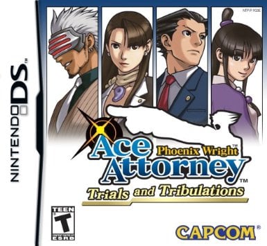 Phoenix Wright Ace Attorney: Trials and Tribulations Nintendo DS game cover. From left to right: Godot, Mia Fey, Phoenix Wright, Maya Fey