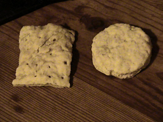  19th Century civil war hardtack, as reproduced faithfully by a civil war re-enactor. To the left, army hardtack. To the right, Navy hardtack. Both would never be seen just laying around. They would either be in a barrel, a haversack, or human hand