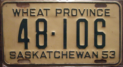 "SASKATCHEWAN 1953 plate WHEAT PROVINCE" 