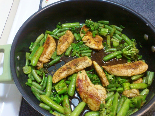 This is how they should look. Show in this dish are fresh grean beans from the garden with a little fresh broccoli. These flavors marry well with the chicken.
