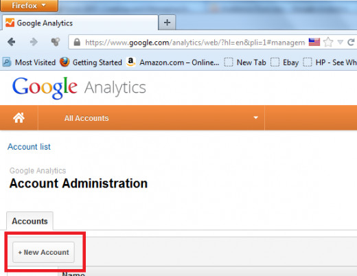 Figure D: "+New Account" button on Google Analytics page