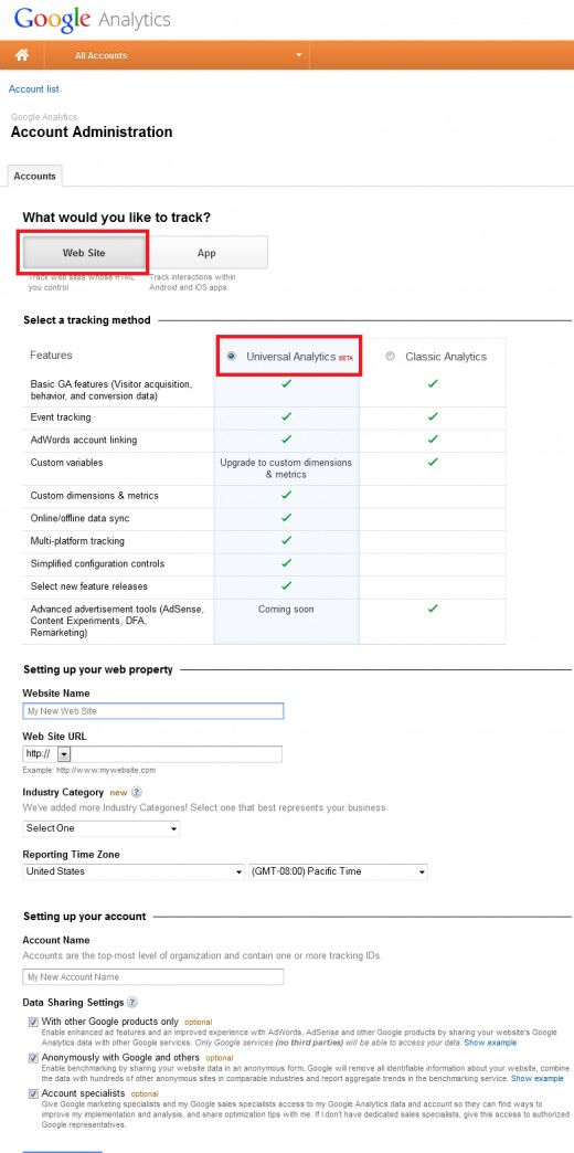 Figure E: Google Analytics form for opening new account 