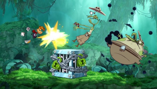 PAPOW! Rayman busts open a cage as well as breaks the jaws of multiple Electoon poachers!