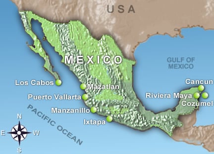 Map of the many beach destinations in Mexico.