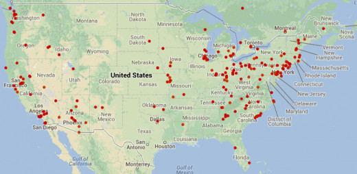 Locations in the continental US of raw UFO report events gleaned from a combination of the MUFON and NUFORC data for 6/18 to 6/23/2013.